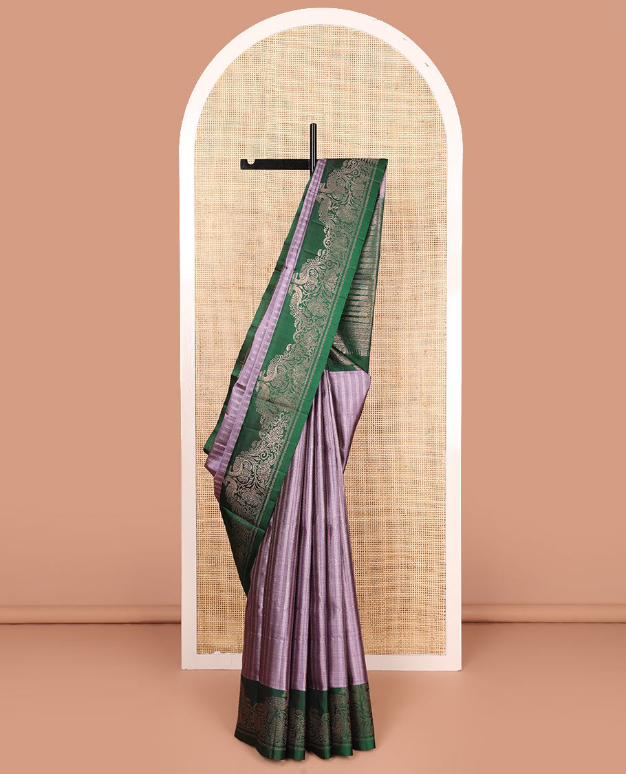 Lavender neli striped soft silk saree, contrast border of neli, and peacock designs, and pallu of vanki, and sepppu rekku designs