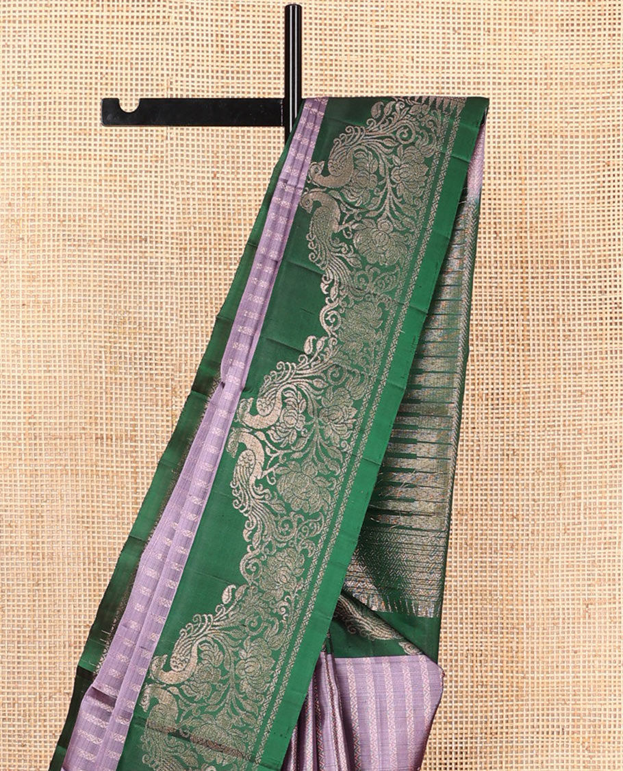 Lavender neli striped soft silk saree, contrast border of neli, and peacock designs, and pallu of vanki, and sepppu rekku designs