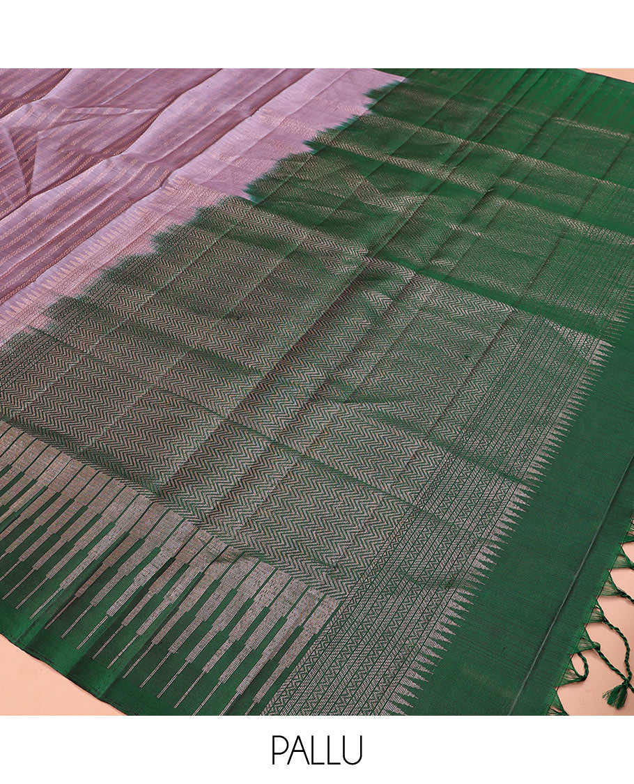 Lavender neli striped soft silk saree, contrast border of neli, and peacock designs, and pallu of vanki, and sepppu rekku designs