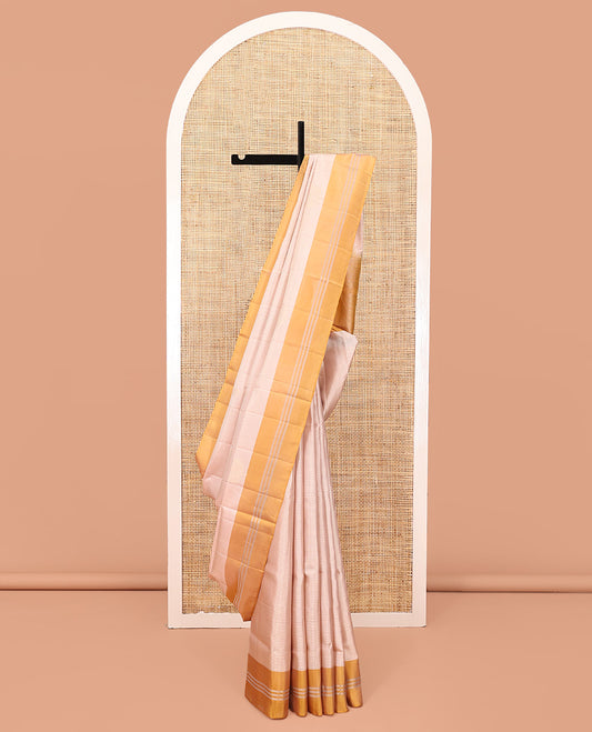 Peach Mayuri Soft Silk Saree, Sparsely Woven with Leaf Buttas and Stripes All Over the Body, Complemented by a Contrast Border, Intricately Designed Pallu, and Paired with a Contrast Blouse