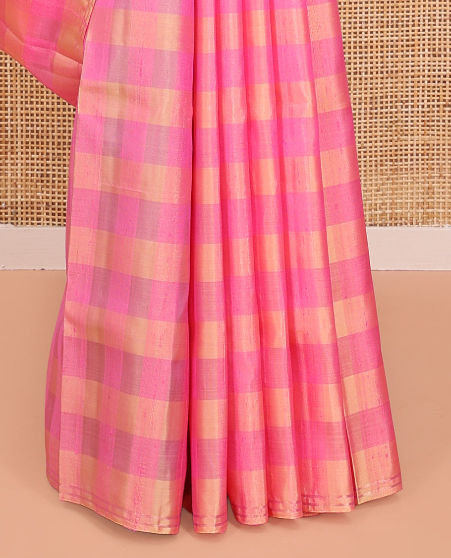 Borderless Pink Mayuri Soft Silk Saree, Adorned with Checked Designs on Its Body, Complemented by a Contrast Striped Pallu, and Paired with a Contrast Blouse
