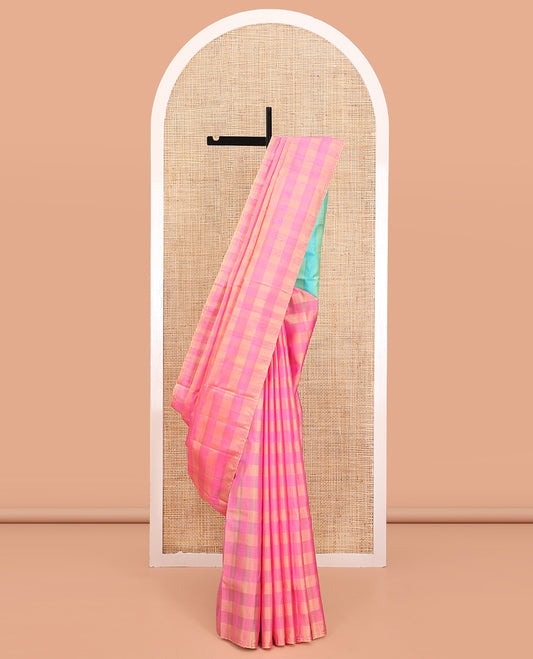 Borderless Pink Mayuri Soft Silk Saree, Adorned with Checked Designs on Its Body, Complemented by a Contrast Striped Pallu, and Paired with a Contrast Blouse