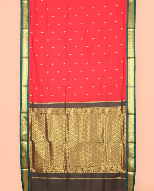 Red Nine-Yard Art Silk Saree, Beautified with Buttas All Over Its Body, Complemented by a Contrast Traditional Zari Design Border, Gandly Jaal Pallu, and Comes Without a Blouse