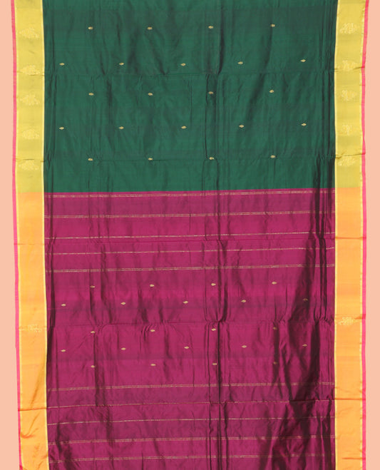 Green Zari Buttas Nine-Yard Saree, Complemented by a Contrast Border, Self-Pallu of Buttas and Stripes, and No Blouse
