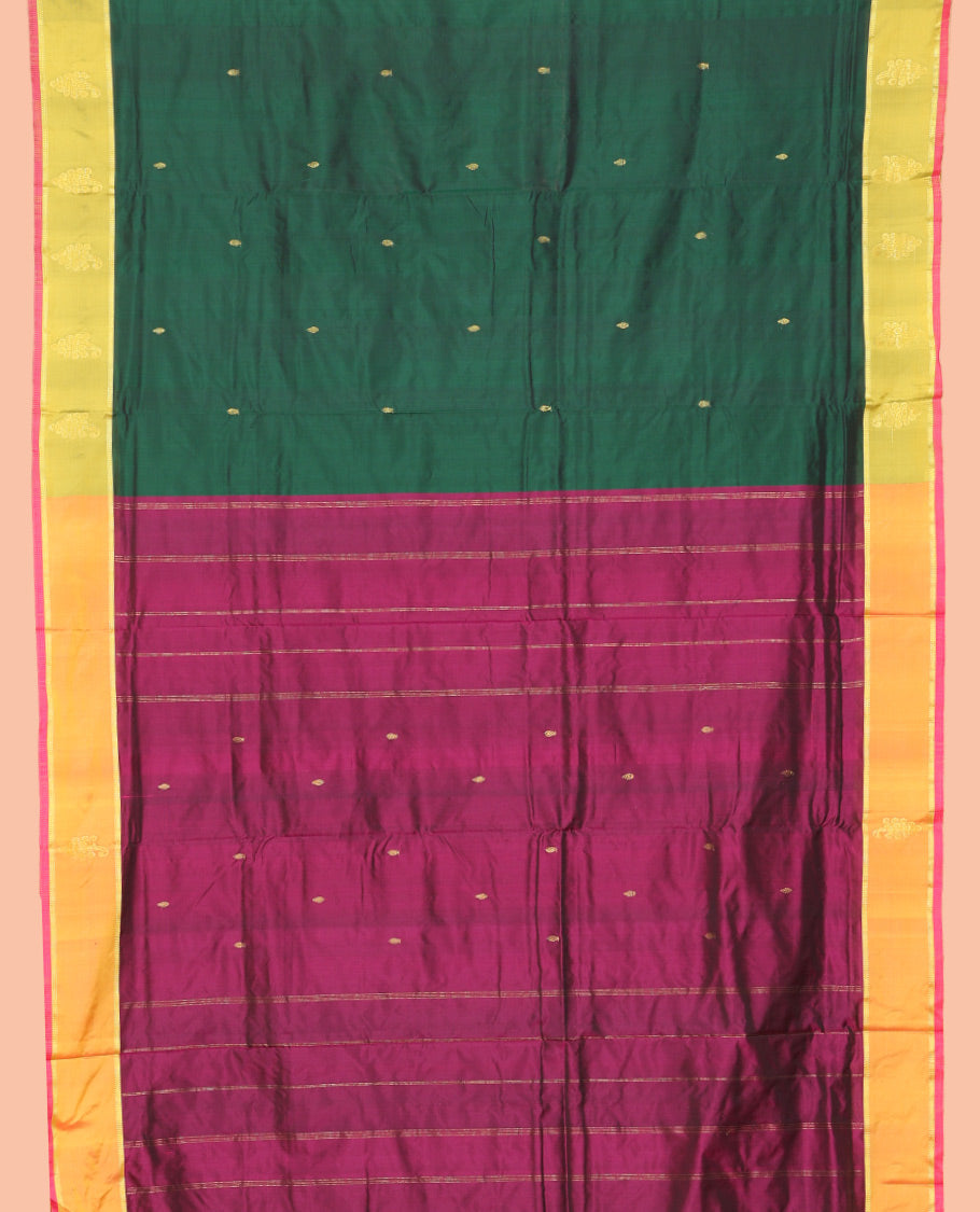 Green Zari Buttas Ten-Yard Saree, Complemented by a Contrast Border, Self-Pallu of Buttas and Stripes, and No Blouse