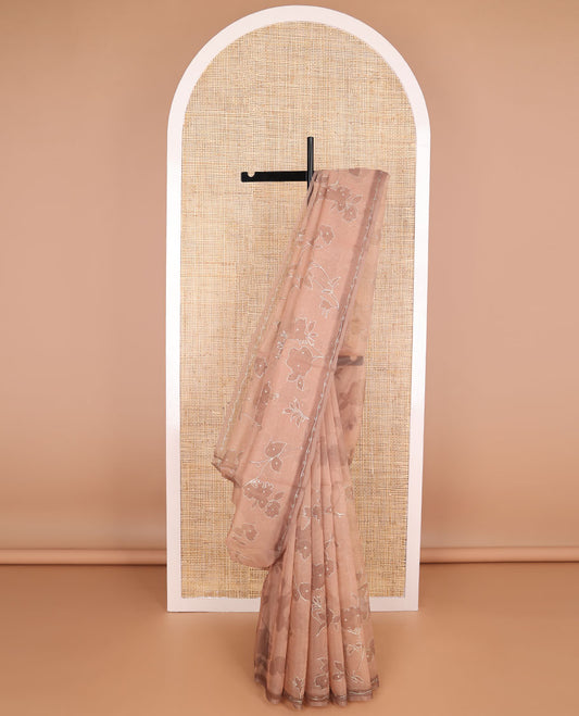 Borderless  brown all-over floral design organza saree