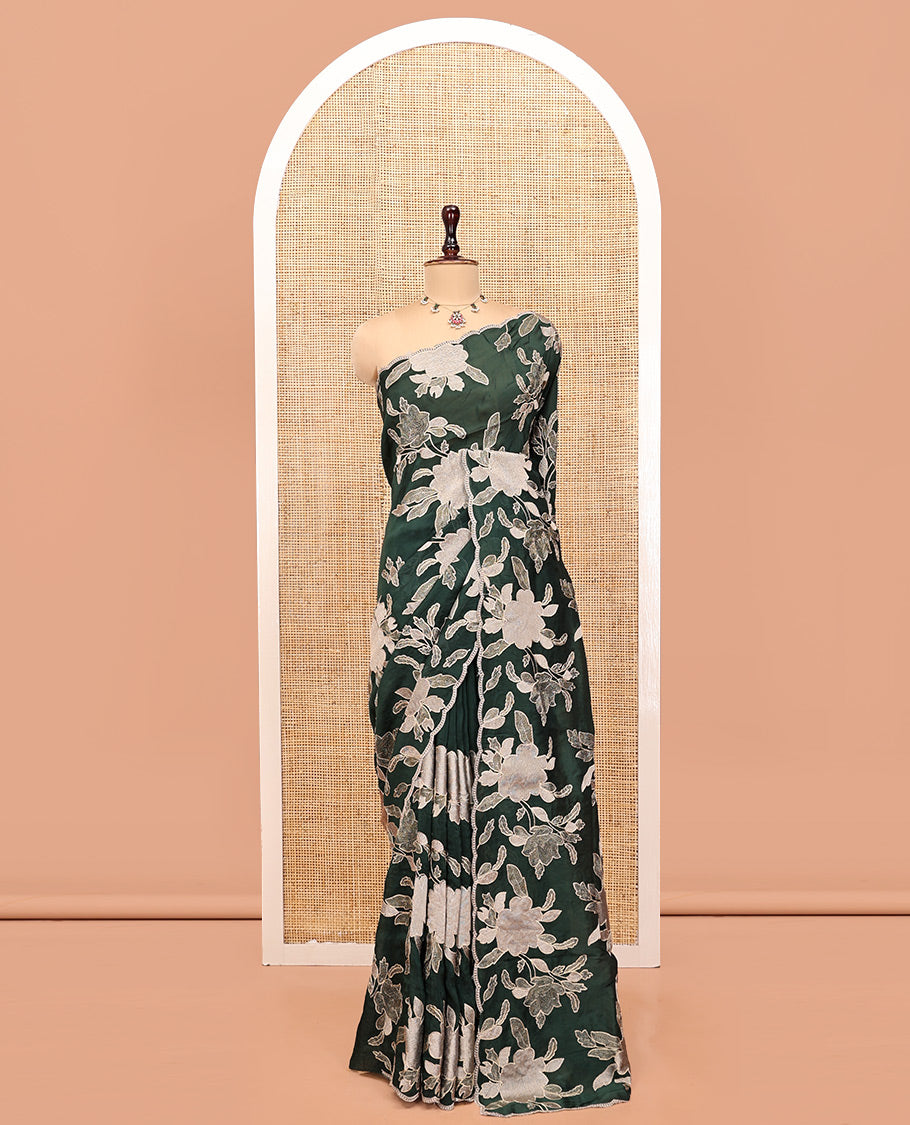 Green Organza Saree, Finely Crafted with Floral Thread Embroidery, Scallop-Embroidered Border, and a Matching Floral Embroidered Blouse