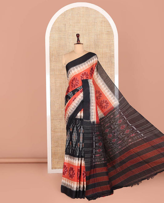 Multi-Color Odisha Cotton Saree, Embellished with Floral, Temple and Geometric Designs on Its Body, Complemented by a Contrast Plain Border, Pallu of Ikkat Weave, and Comes Without a Blouse