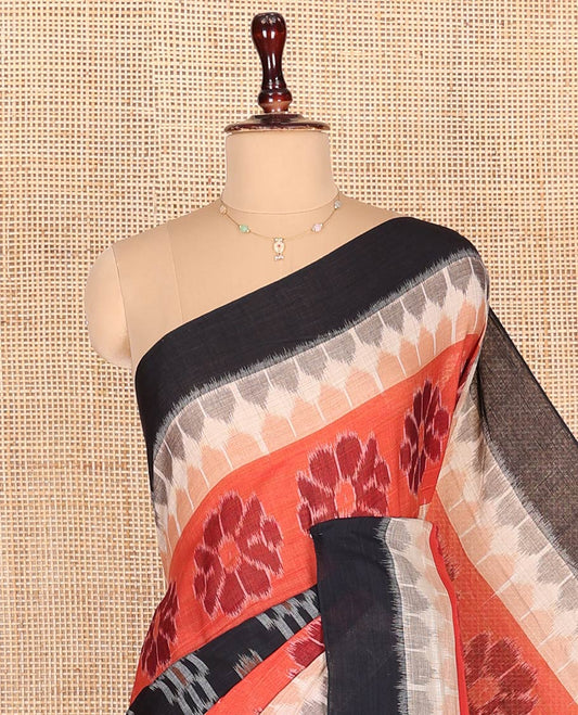 Multi-Color Odisha Cotton Saree, Embellished with Floral, Temple and Geometric Designs on Its Body, Complemented by a Contrast Plain Border, Pallu of Ikkat Weave, and Comes Without a Blouse
