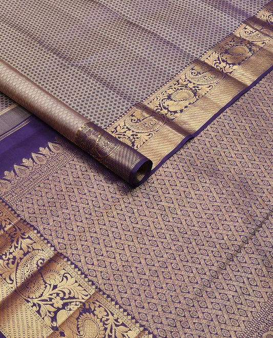 Blue floral design silk saree with contrast border of thilakam mokku, mayil, manga design & argyle design pallu