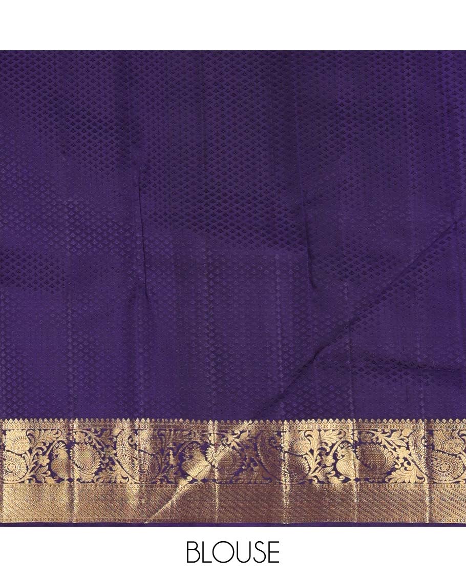 Blue floral design silk saree with contrast border of thilakam mokku, mayil, manga design & argyle design pallu