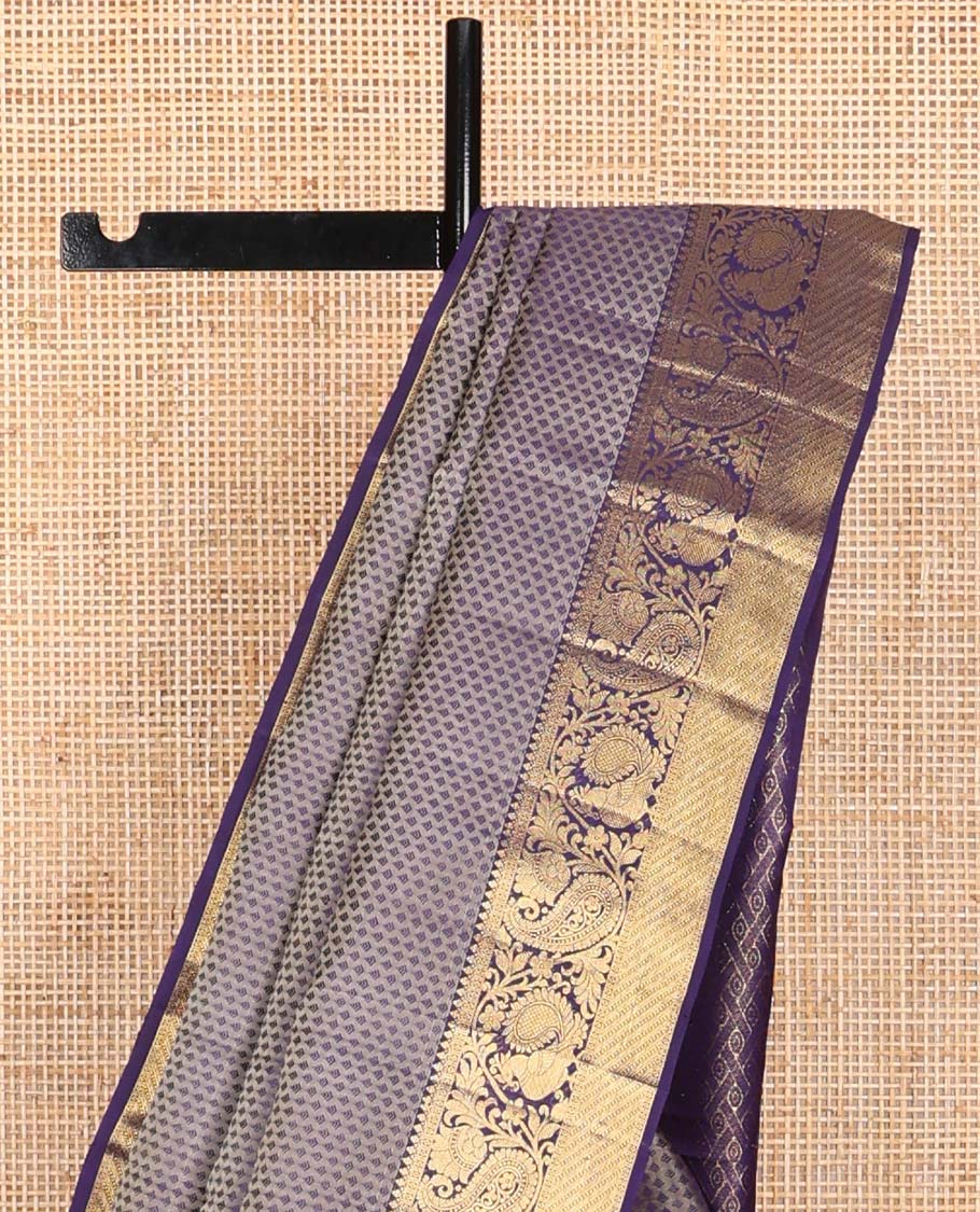 Blue floral design silk saree with contrast border of thilakam mokku, mayil, manga design & argyle design pallu