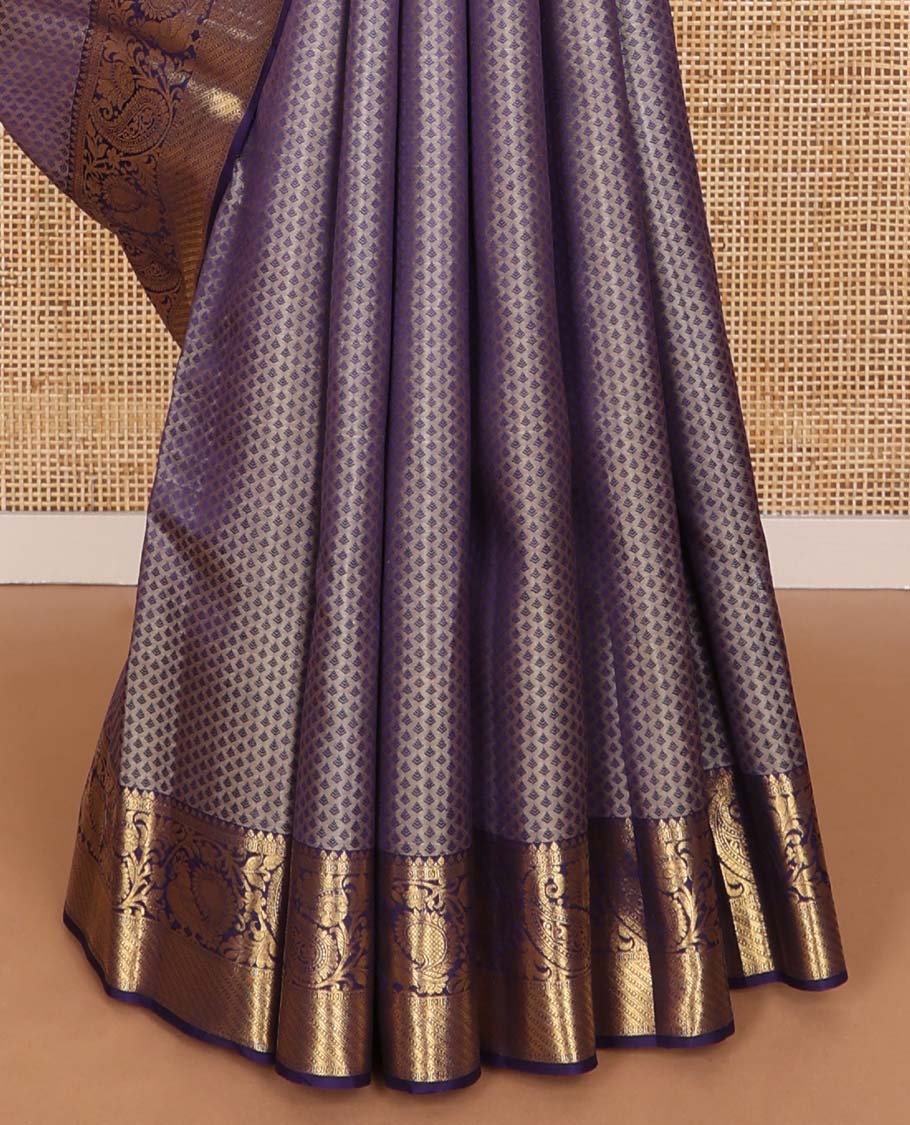 Blue floral design silk saree with contrast border of thilakam mokku, mayil, manga design & argyle design pallu