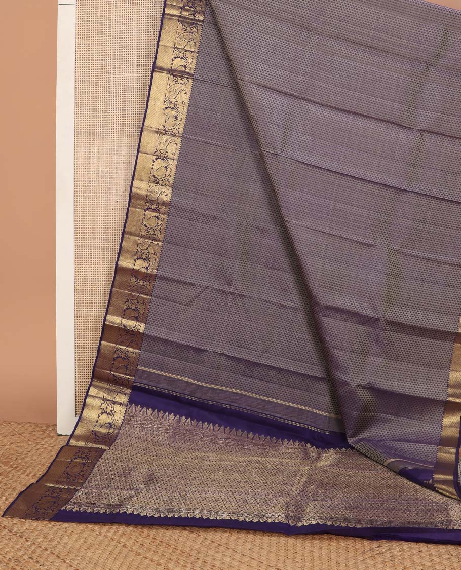 Blue floral design silk saree with contrast border of thilakam mokku, mayil, manga design & argyle design pallu