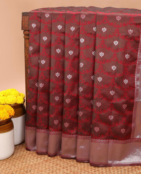 Mustard  jaal design litchi soft silk saree with silver weaving border & silver zari rich pallu along with butta design blouse