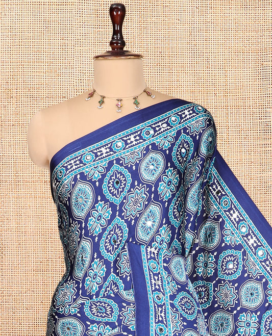 Blue Modal Satin Saree, Adorned with Ajrakh Print, a Self-Printed Border, Ajrakh Pallu, a Matching Blouse