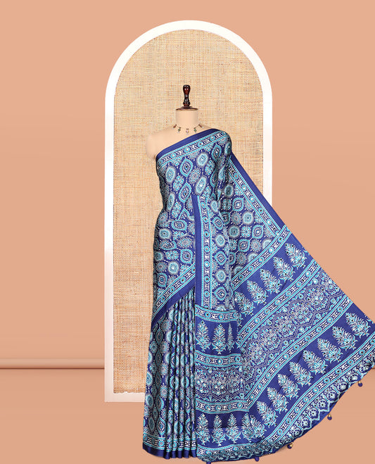 Blue Modal Satin Saree, Adorned with Ajrakh Print, a Self-Printed Border, Ajrakh Pallu, a Matching Blouse