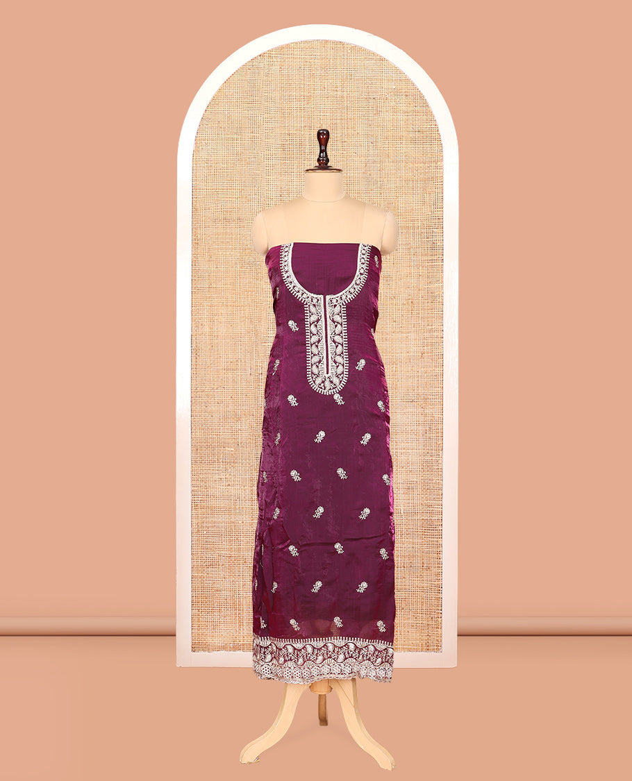 Dark Purple Fendi Organza Material Churidar Features Embroidered Top, a Santoon Bottom, a Scallop Embroidered Dupatta