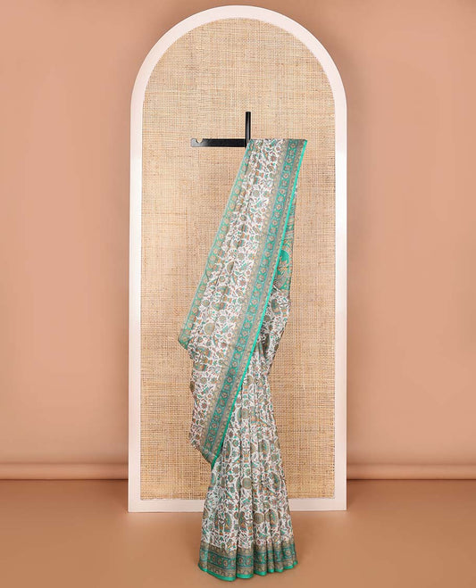 Cream madhubani design printed silk saree with contrast floral design border & intricate design pallu