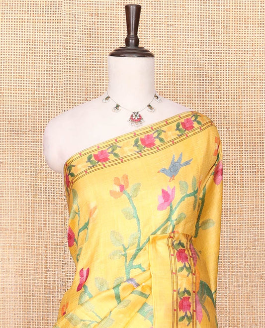 Yellow Printed Silk Saree Featuring Colorful Floral Vine and Bird Motifs Printed on Its Body, Subtly Sparkled with a Floral Creeper Printed Border, Pallu of Floral Print, and Paired with a Matching Printed Blouse
