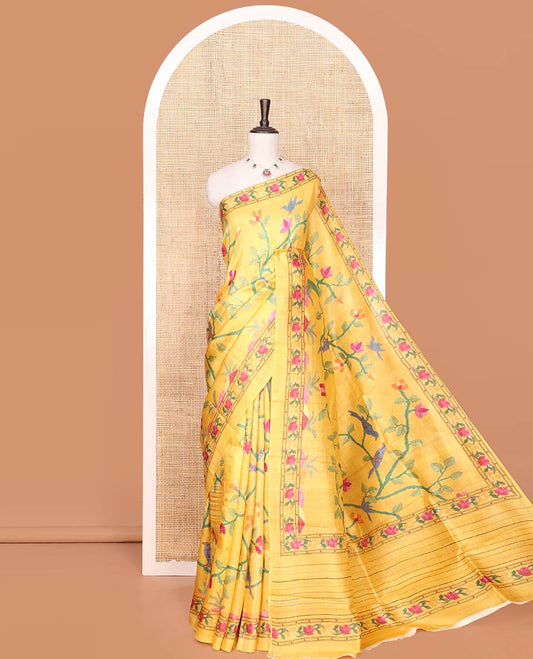 Yellow Printed Silk Saree Featuring Colorful Floral Vine and Bird Motifs Printed on Its Body, Subtly Sparkled with a Floral Creeper Printed Border, Pallu of Floral Print, and Paired with a Matching Printed Blouse