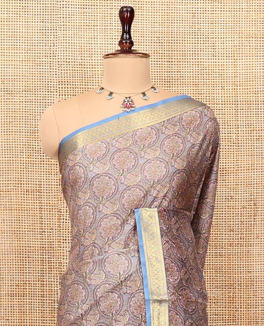 Grey Printed Silk Saree, Accentuated with Floral Jaal Prints, Complemented by a Contrast Traditional Zari Border, Printed Pallu, and a Contrast Blouse