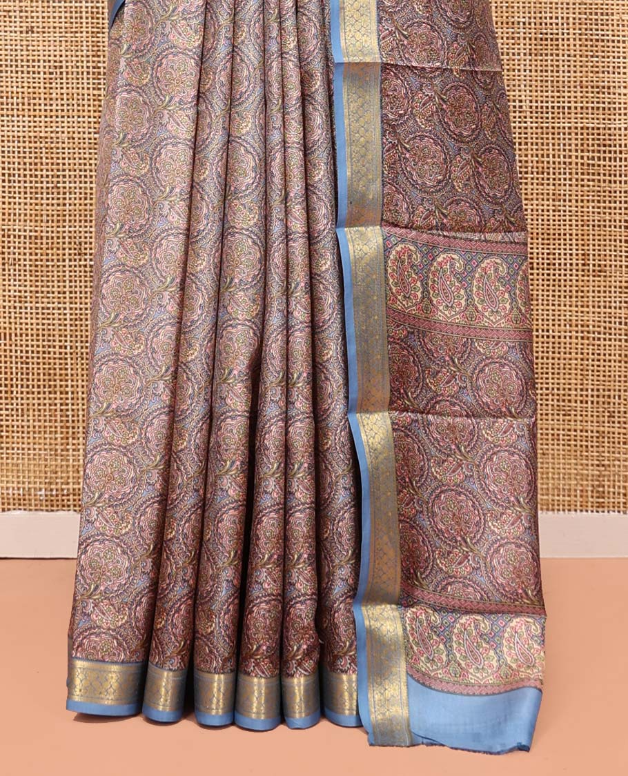Grey Printed Silk Saree, Accentuated with Floral Jaal Prints, Complemented by a Contrast Traditional Zari Border, Printed Pallu, and a Contrast Blouse