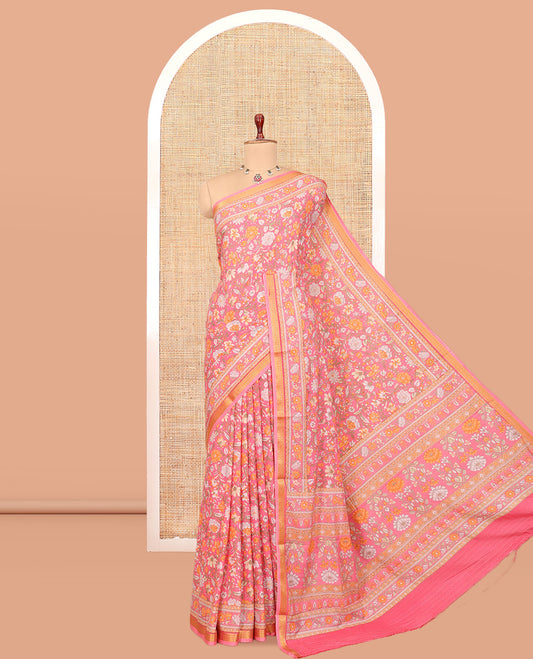Pink Printed Silk Saree, Accentuated with Floral Vine Print, a Traditional Zari Border, Floral Pallu, and a Matching Blouse