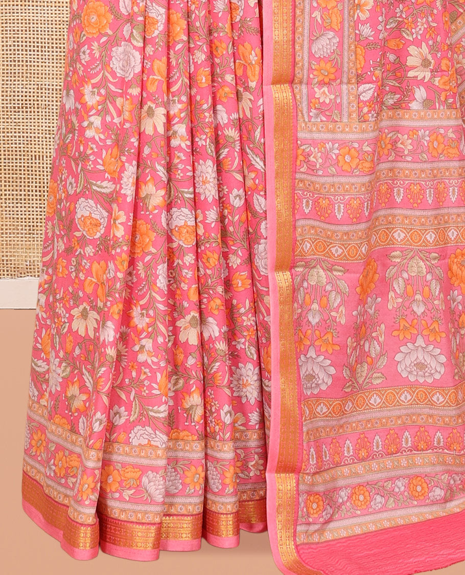 Pink Printed Silk Saree, Accentuated with Floral Vine Print, a Traditional Zari Border, Floral Pallu, and a Matching Blouse
