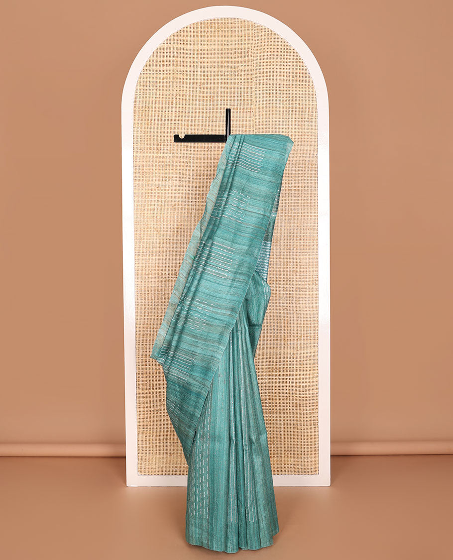 Sea blue with striped, sequins embroidery tussar saree with self border & geometric design pallu