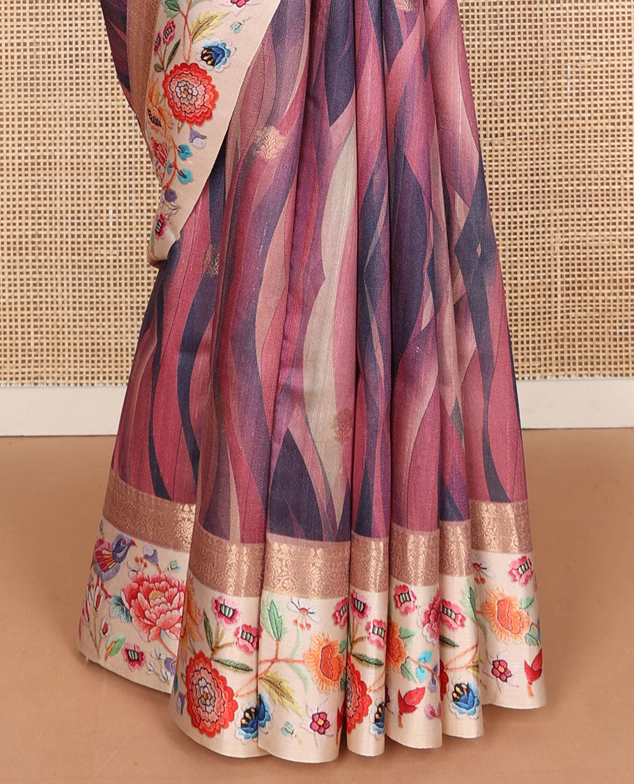 Pink abstract-style printed tussar saree with zari buttas, contrast border of traditional zari design & multi-color floral & bird motifs print & zari striped pallu