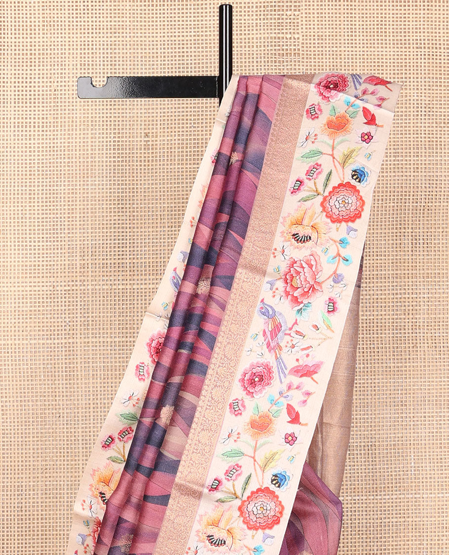 Pink abstract-style printed tussar saree with zari buttas, contrast border of traditional zari design & multi-color floral & bird motifs print & zari striped pallu