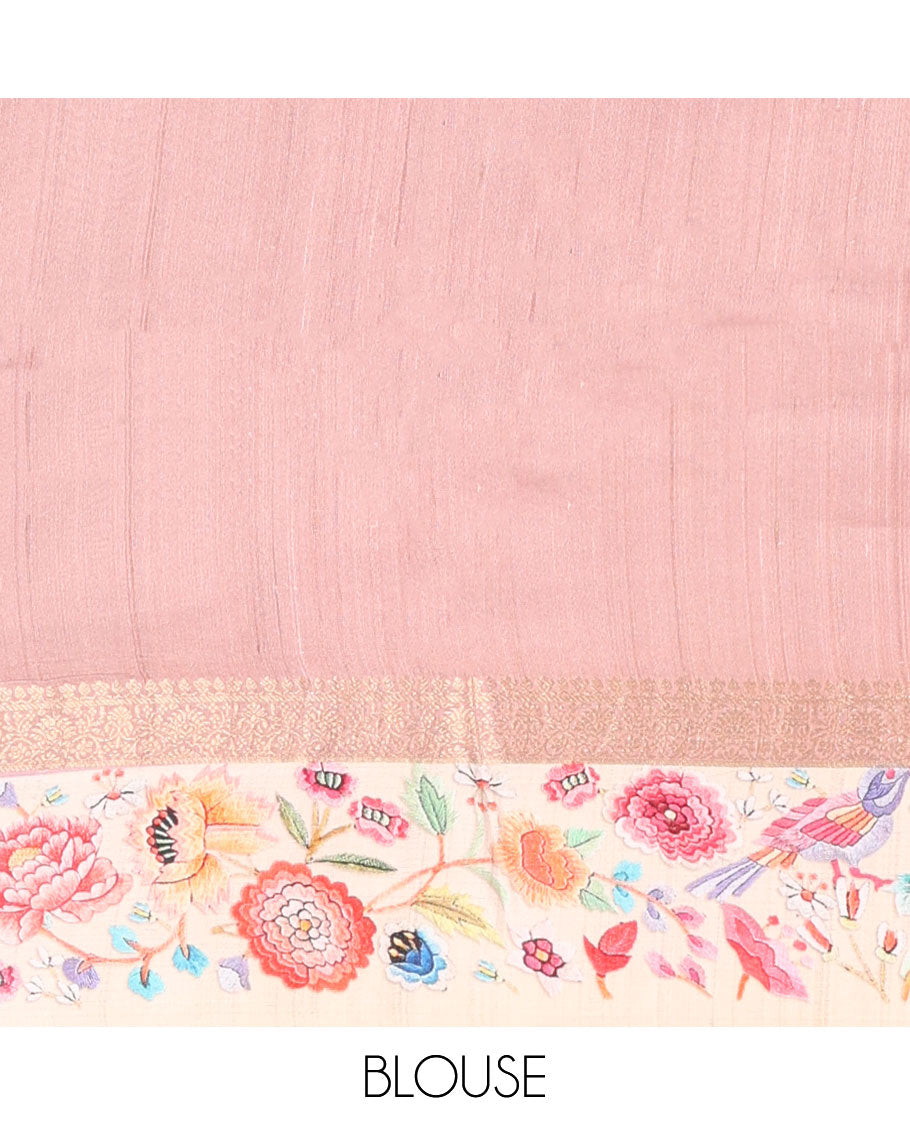 Pink abstract-style printed tussar saree with zari buttas, contrast border of traditional zari design & multi-color floral & bird motifs print & zari striped pallu
