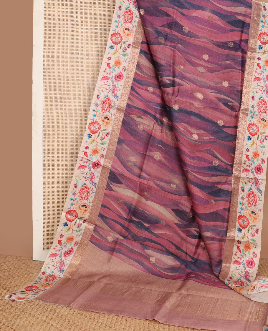 Pink abstract-style printed tussar saree with zari buttas, contrast border of traditional zari design & multi-color floral & bird motifs print & zari striped pallu