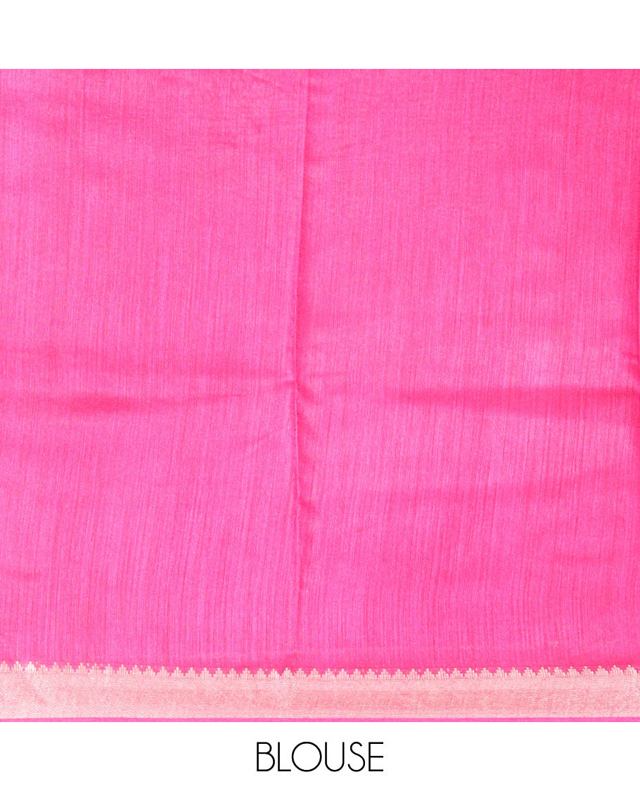 Multi-Color Tussar Saree with Floral and Abstract Print, Contrasting Zari Temple Border, Striped Pallu, and a Contrast Blouse of Zari Border