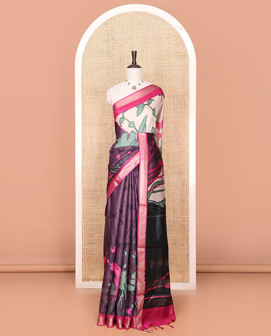 Multi-Color Tussar Saree with Floral and Abstract Print, Contrasting Zari Temple Border, Striped Pallu, and a Contrast Blouse of Zari Border