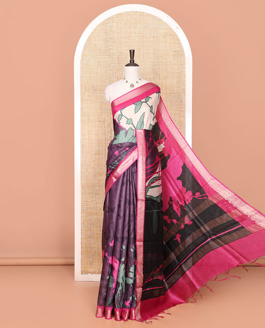 Multi-Color Tussar Saree with Floral and Abstract Print, Contrasting Zari Temple Border, Striped Pallu, and a Contrast Blouse of Zari Border