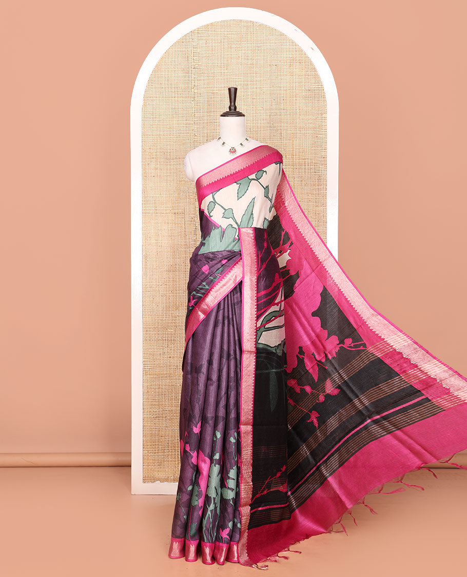Multi-Color Tussar Saree with Floral and Abstract Print, Contrasting Zari Temple Border, Striped Pallu, and a Contrast Blouse of Zari Border