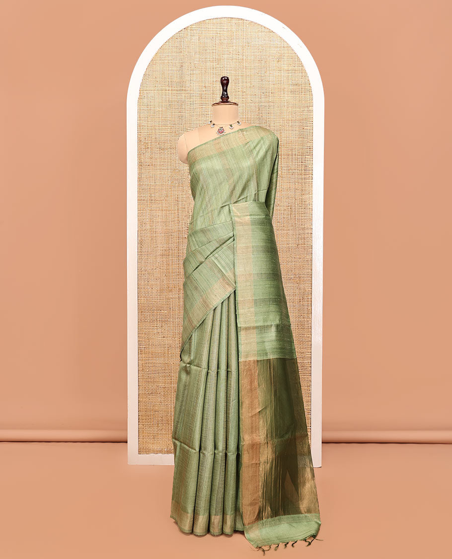 Green Heathered Tussar Silk Saree, a Subtle Border, a Gleaming Pallu, and a Matching Blouse