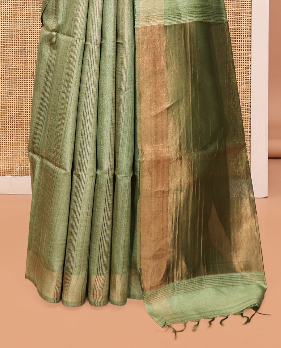 Green Heathered Tussar Silk Saree, a Subtle Border, a Gleaming Pallu, and a Matching Blouse