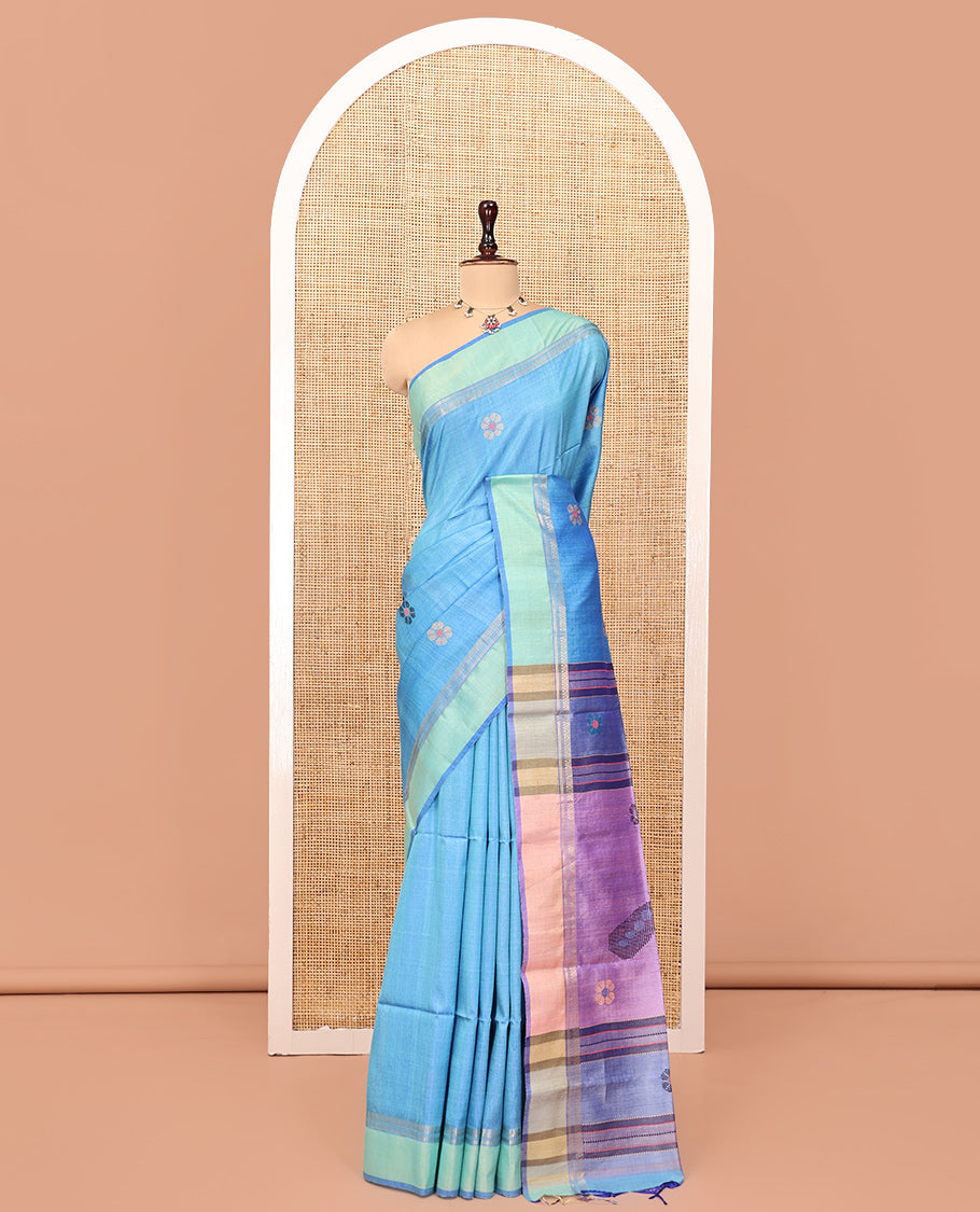 Blue Tussar Silk Saree, Bedecked with Flower Motifs, Contrast Zari Border, Thread Woven Pallu, and Contrast Blouse