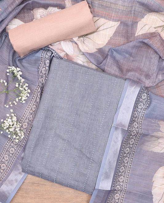 Grey cotton chudidhar material set, thread work top, contrast plain bottom, & floral printed dupatta