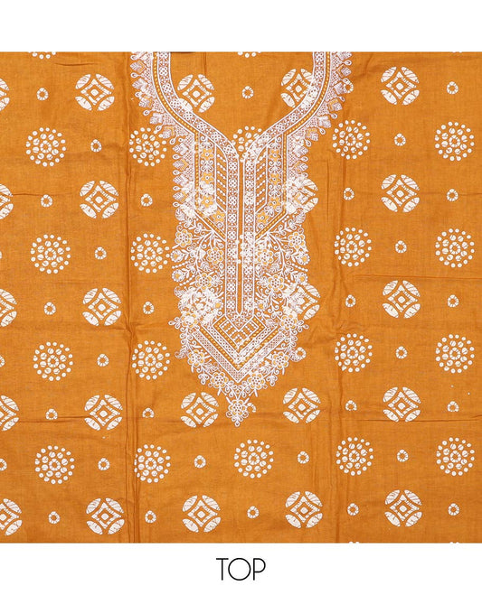 Yellow material churidar set, batik printed with neck embroidered cotton top, plain cotton bottom, and shibori printed chiffon dupatta