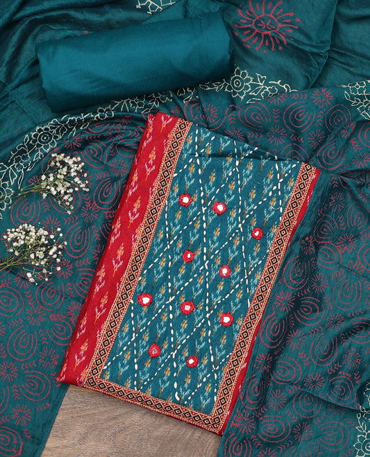 Red material chudidar set, ikkat buttas with neck patch embroidered top, contrast plain bottom, and block printed dupatta