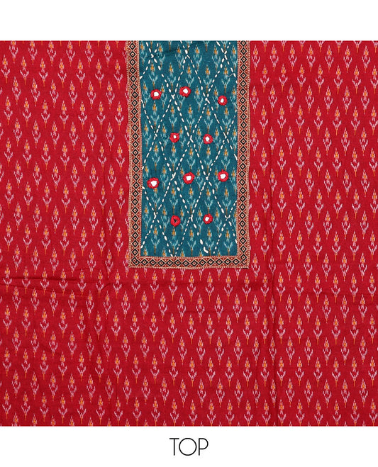 Red material chudidar set, ikkat buttas with neck patch embroidered top, contrast plain bottom, and block printed dupatta