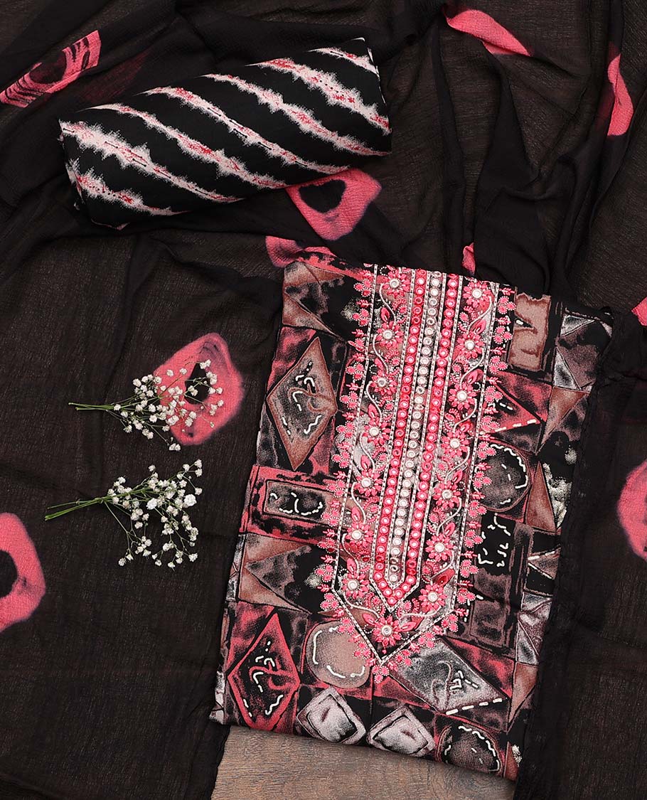 Black material chudidar set, geometric print with neck embroidered top, shibori printed bottom, and dupatta