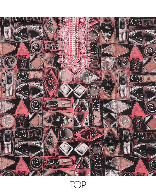 Black material chudidar set, geometric print with neck embroidered top, shibori printed bottom, and dupatta