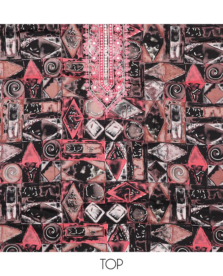 Black material chudidar set, geometric print with neck embroidered top, shibori printed bottom, and dupatta