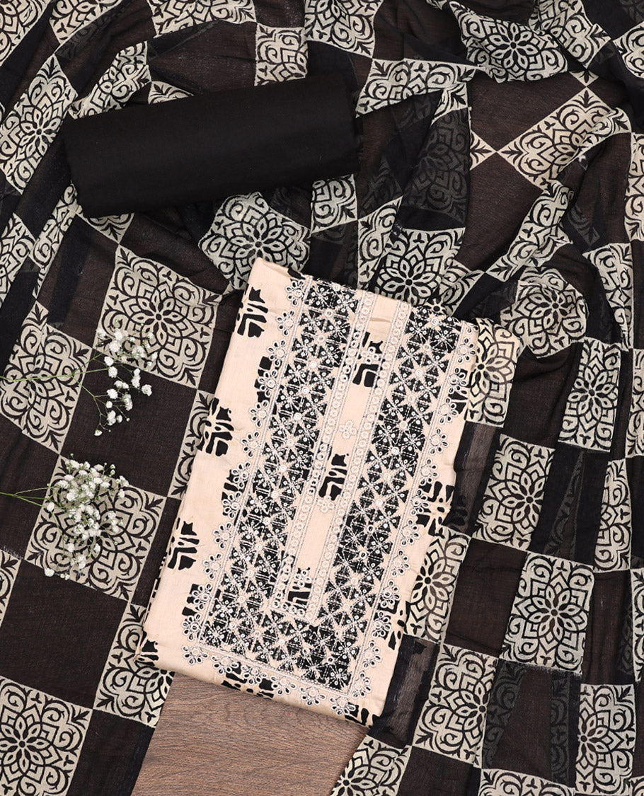 Sandal Material Chudidar Set, Elevated with Unique Motifs Print and Neck Embroidery on Rayon Top, a Contrast Plain Rayon Bottom, and Paired with Checked Design Block Printed Chanderi Silk Dupatta