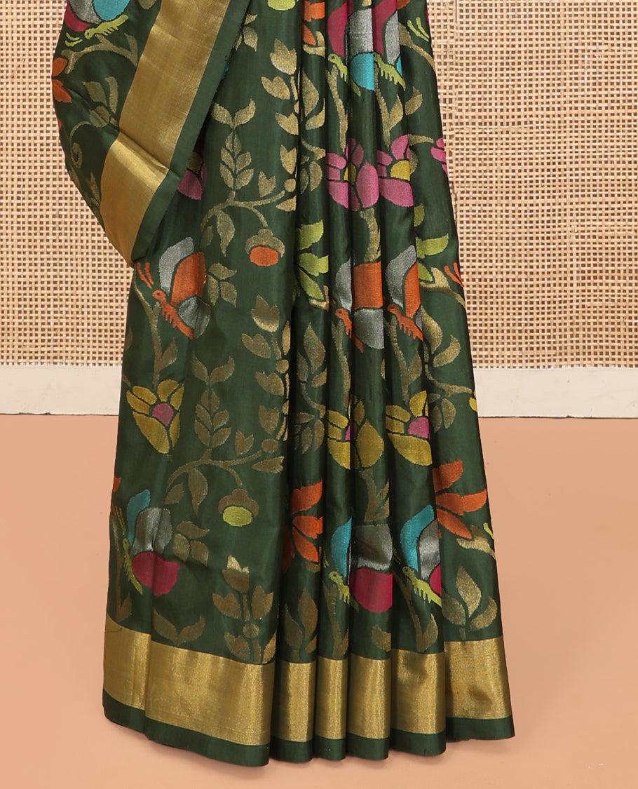 Green Uppada Saree, Artfully Detailed with Meenakari Floral Vine Weave, a Subtle Zari Border, Scallop-Patterned Pallu, and a Matching Blouse